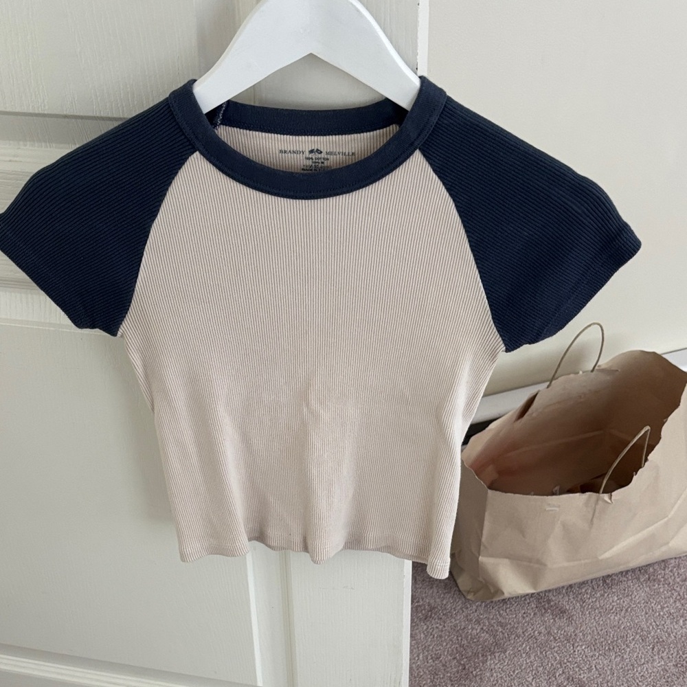 Brandy Melville Navy and Cream Ribbed baby tee